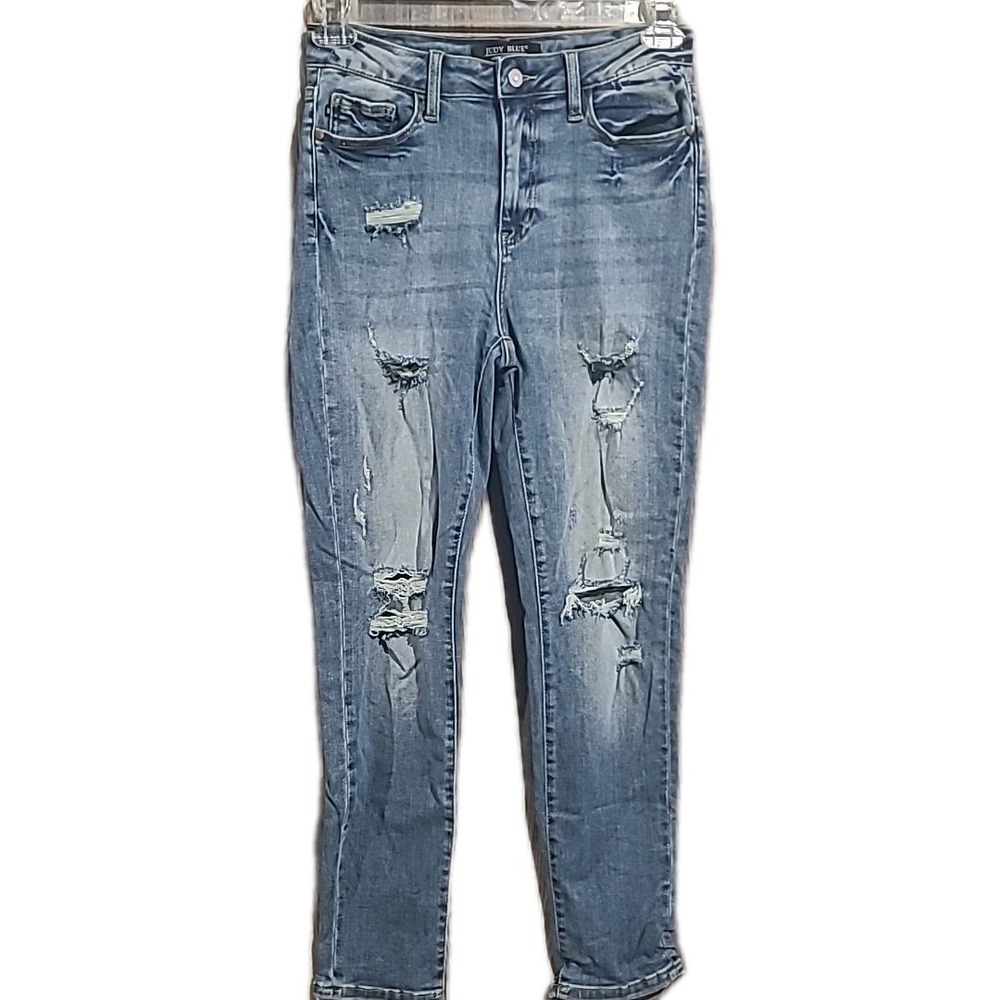 Judy Blue Boyfriend Fit Distressed Ripped Jeans Sz 5/27x29 Medium Wash Mid Rise